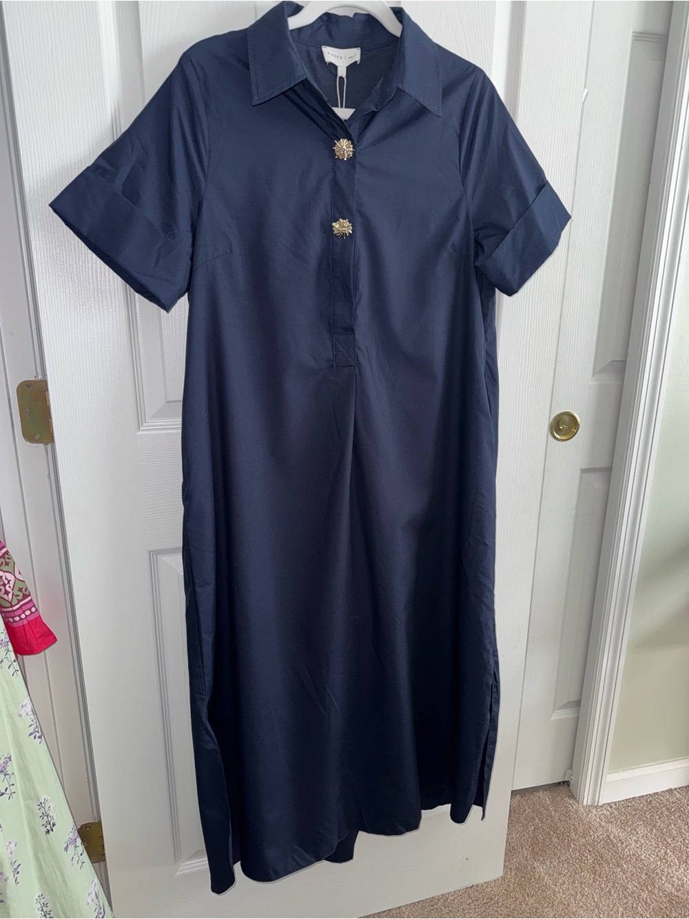 entro Navy Short-Sleeve Maxi Dress with Gold-Tone Floral Buttons